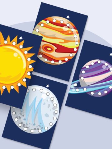 Planet-themed lacing cards for pre-schoolers