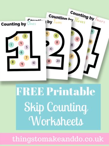 Four skip counting worksheets for ones, twos, threes, and fours, displayed on a light green background. Text reads, "FREE Printable Skip Counting Worksheets.