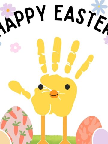 Handprint design of a chick with orange feet and beak, surrounded by decorated eggs and flowers, under "Happy Easter" text.