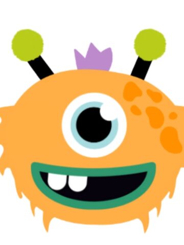 Cartoon illustration of a one-eyed orange monster with green antennae, a purple tuft on its head, and a big toothy smile.