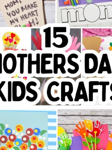 Collage of colourful Mother’s Day crafts for children, including cards, handprints, and paper flowers, with bold text reading “15 Mothers Day Children’s Crafts” in the centre.