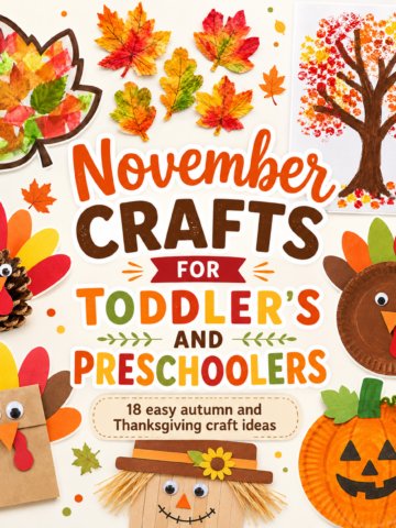 Assorted autumn and Thanksgiving crafts for children, including turkeys, pumpkins, and leaves, with text promoting fun November crafts for toddlers and preschool children.