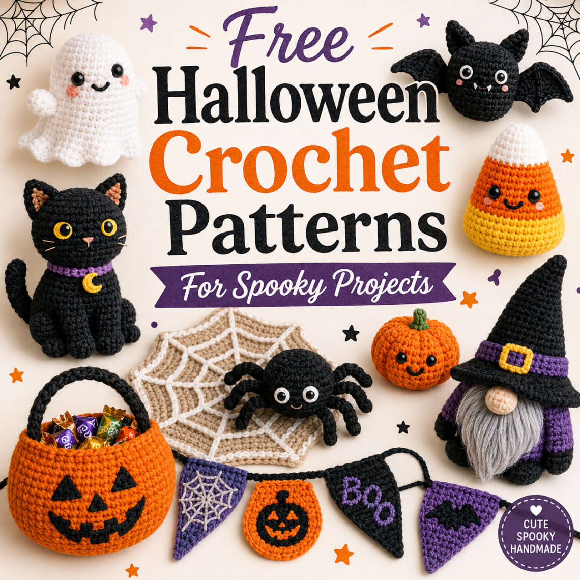 Various crocheted Halloween figures, including a ghost, bat, black cat, pumpkin, witch, spider, candy corn, and a treat basket, are arranged around text offering free Halloween crochet patterns.