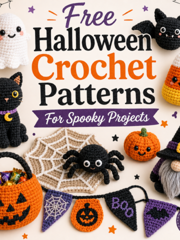 Various crocheted Halloween figures, including a ghost, bat, black cat, pumpkin, witch, spider, candy corn, and a treat basket, are arranged around text offering free Halloween crochet patterns.